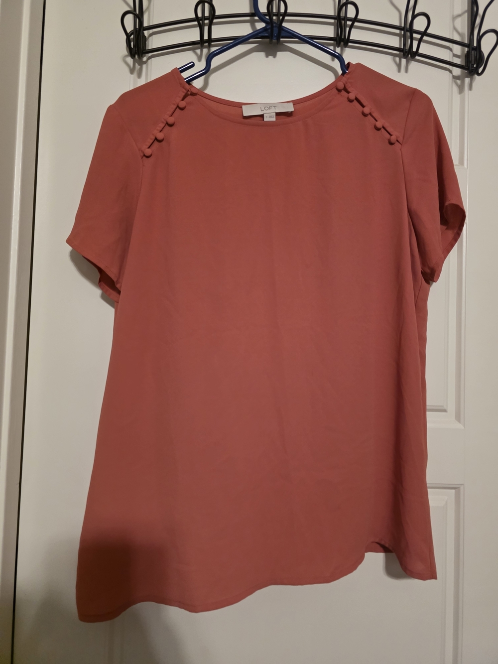 LOFT Coral Pink Short Sleeve Blouse with Shoulder Button Detail